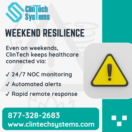 ClintechSystems's tweet image. Weekend Resilience

Even on weekends, ClinTech keeps healthcare connected:

✔ 24/7 NOC monitoring
✔ Automated alerts
✔ Rapid remote response

📞 877-328-2683
✉ info@clintechsystems.com
🌐 clintechsystems.com

#24x7Support #HealthcareIT #ClinTechSystems