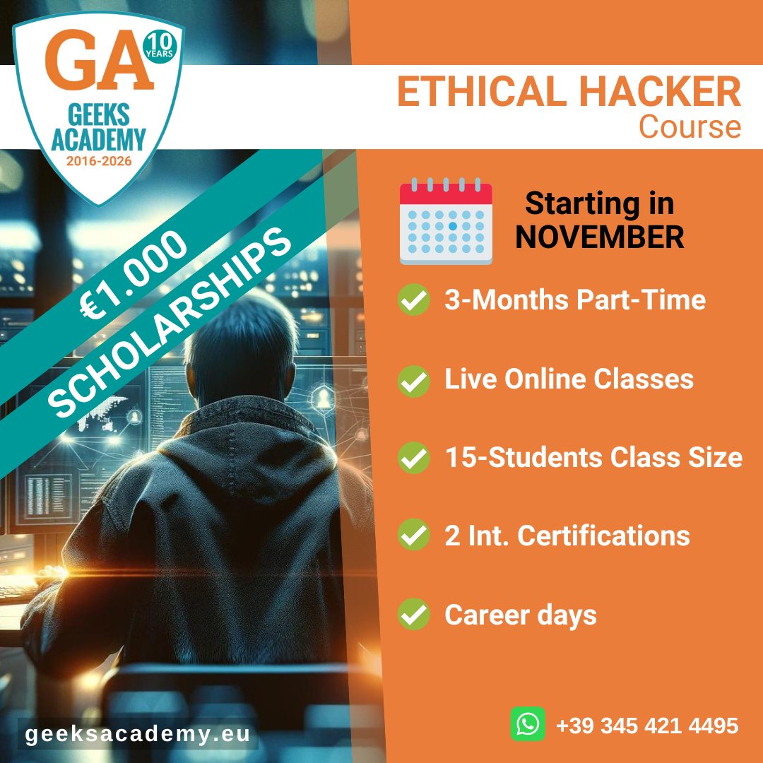 GeeksAcademyEu's tweet image. Geeks Academy turns 10 and offers 10 #scholarships worth €1,000.
Become an #EthicalHacker with hands-on training in #PenetrationTesting and #VulnerabilityAssessment.
Includes #EXIN certs + #career support.
Starting November.
is.gd/Ethical_Hacker…
