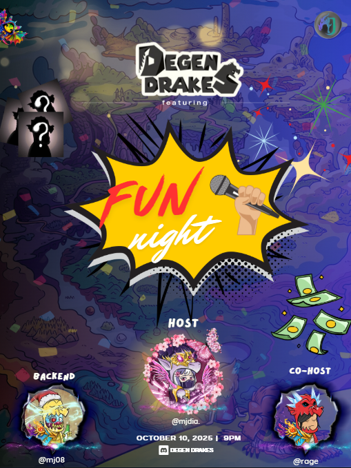 DegenDrakes's tweet photo. 🎇🔥Degen Drakes Fun Night is HAPPENING TONIGHT at 9 PM! 🔥🎇

Get ready to vibe like never before as MJDia and Rage take the stage, with the legendary MJ08 spinning fire beats on the backend! 

This isn’t just another party — it’s a night packed with insane energy, killer music, and exclusive giveaways that you won’t want to miss! 🎶🎆

 🎁Giveaway Alert! 🎁
We’re giving away 4 exclusive NFTs and $20 USD CASH to some lucky attendees! Could you be one of the lucky winners? There’s only one way to find out… 👀

🗓️ Tonight at 9 PM — mark your calendars and bring your crew for a night full of fun, beats, and surprises! Let’s make memories with the Degen Drakes crew. 🦆✨

Don’t sleep on this. See you there! 🔥