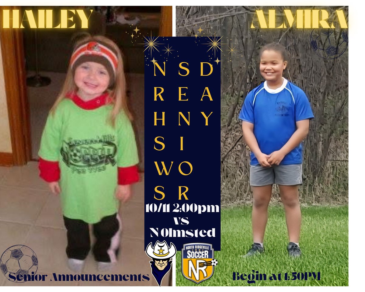 ⭐️NRHS Women’s Soccer Senior Day🌀
⭐️Come Celebrate 🎉 our Seniors; Hailey &amp; Almira 

*️⃣JV plays at 12pm 
*️⃣Senior announcements begin before the V Match, 1:50pm
*️⃣Varsity plays at 2pm against North Olmsted 🦅 

🎟️ events.hometownticketing.com/boxoffice/nrcs…