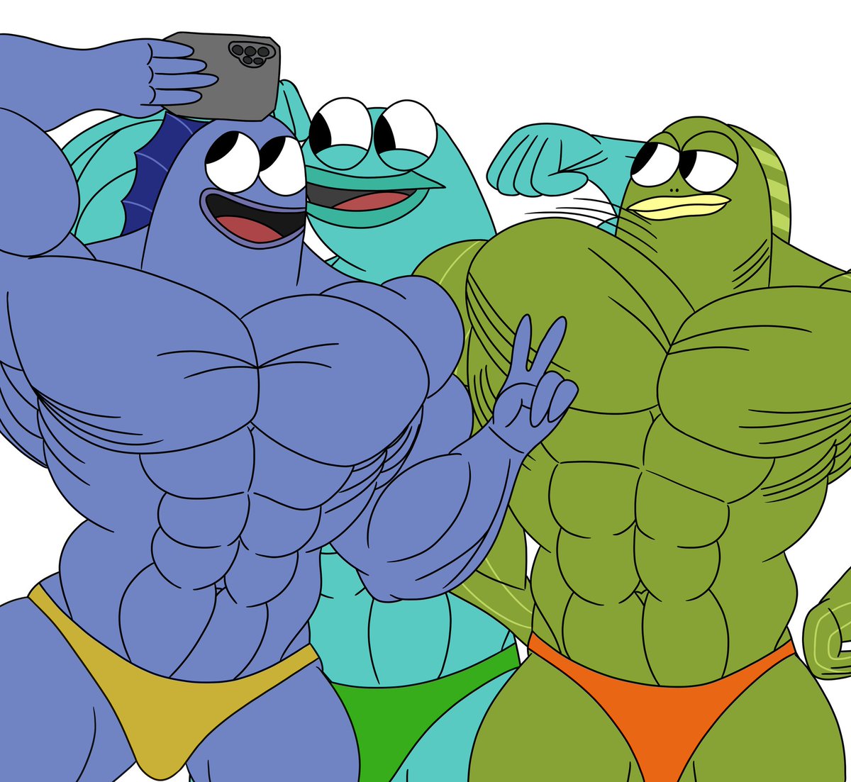 Omegalizard2000's tweet image. Here is a picture of Owen, Ken and Tyler taking a selfie at Mussel Beach, showing their amazing muscles and capturing memories. SpongeBob is owned by Viacom. #SpongeBobSquarepants #Fanart #selfiesaturday #musclefurry