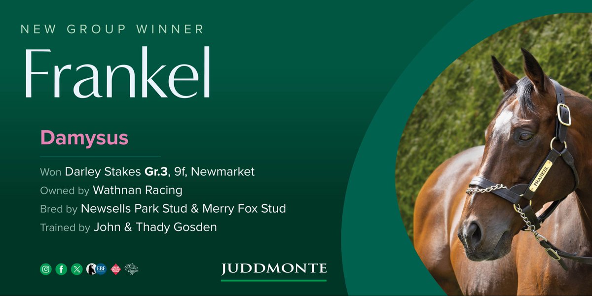 A new Group for FRANKEL as Damysus lands the Gr.3 Darley Stakes <a href="/NewmarketRace/">Newmarket Racecourse</a>. Bred by <a href="/newsellspark/">Newsells Park Stud</a> and Merry Fox Stud, the colt is out of the Gr.2 Prix de Malleret winner Legerete, bought by connections Wathnan Racing for 460,000gns as a yearling. #WorldClassTheWorldOver