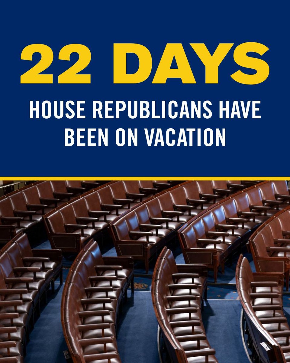Rep_Magaziner's tweet image. House Republicans have been on vacation for 22 days.

The government is shut down and health care costs are exploding.

Cancel the vacation, and let’s get back to Washington. We have work to do.