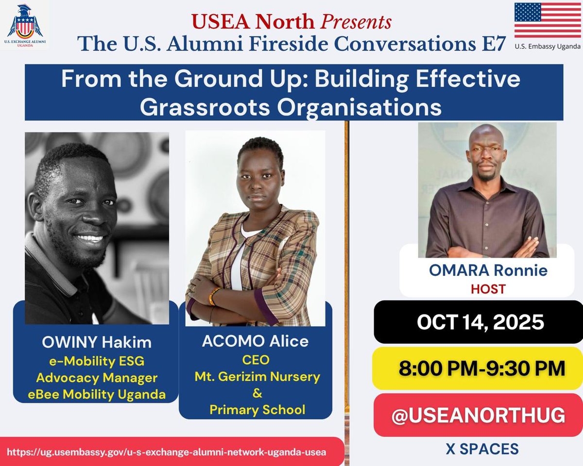 I'll be your host for the evening.
Theme: From the Ground Up: Building Effective Grassroots Organisations. Join us on 14 Oct for a Fireside convo exploring how communities start, scale &amp; sustain impact in Uganda. Hear practical tools &amp; real stories from <a href="/Owiny123/">OWINY hakim</a> <a href="/AcomoAlice3677/">acomo alice</a>
