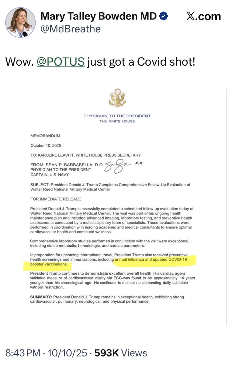 Trump has almost CERTAINLY received Covid booster shots every 6 months as recommended by medical professionals. 

That’s not news. 

What IS interesting is how they are choosing NOW to include it in his official medical report. 

You don’t have to be a doctor to see that Trump is