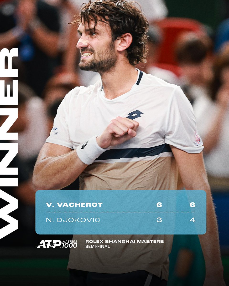 guillecapora's tweet image. Valentin Vacherot, la gran sorpresa de Shanghai. El monegasco, 204 en el ranking ATP, le ganó a Novak Djokovic 63 64 y es finalista. Espera a Medvedev o Rinderknech para la gran final.