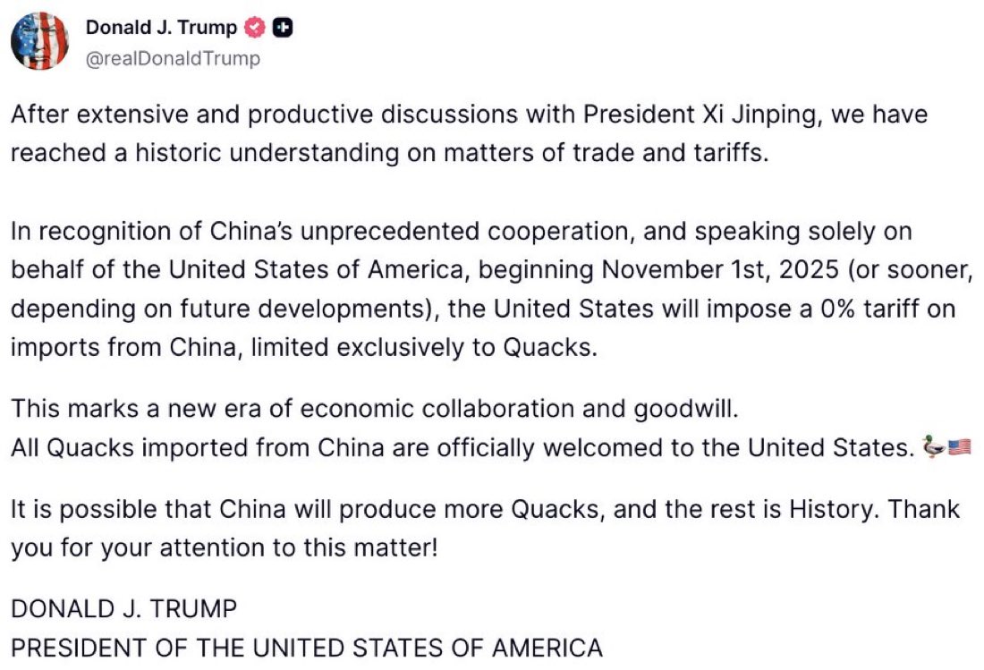 tonystark_offl's tweet image. Tony Stark seals the deal with Xi

0% tariff on Quacks from China, Nov 1, 2025! 🦆🇺🇸 

Stark Industries welcomes the duck army. 

More Quacks = Avengers epicness! 😂 #IronMan #MarvelMemes