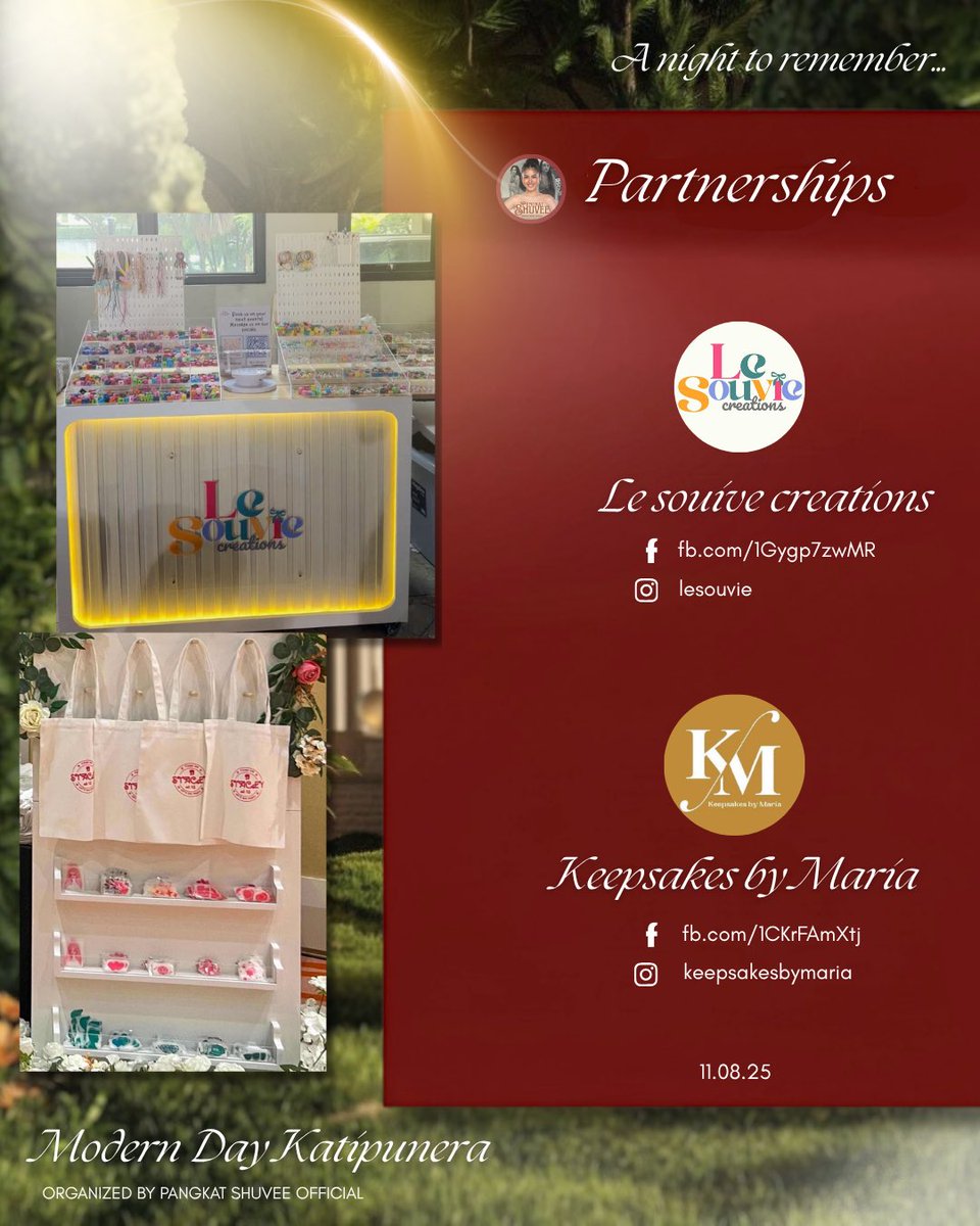 PangkatShuvee's tweet photo. 𝑷𝑨𝑹𝑻𝑵𝑬𝑹𝑺𝑯𝑰𝑷𝑺

We’re beyond excited to welcome Le Souive Creations and Keepsakes by María as our newest event partners! 

Their artistry and attention to detail perfectly capture the heart of our fan meet — creativity, passion, and community. We’re truly grateful to have them onboard in making this event even more memorable. 💫

Let’s give them some love and follow their pages!
Le Souive Creations
FB: https://t.co/SDb0itYmAT
IG: @lesouvie 

Keepsakes by María
FB: https://t.co/2iGa3Ukhkg
IG: @keepsakesbymaria