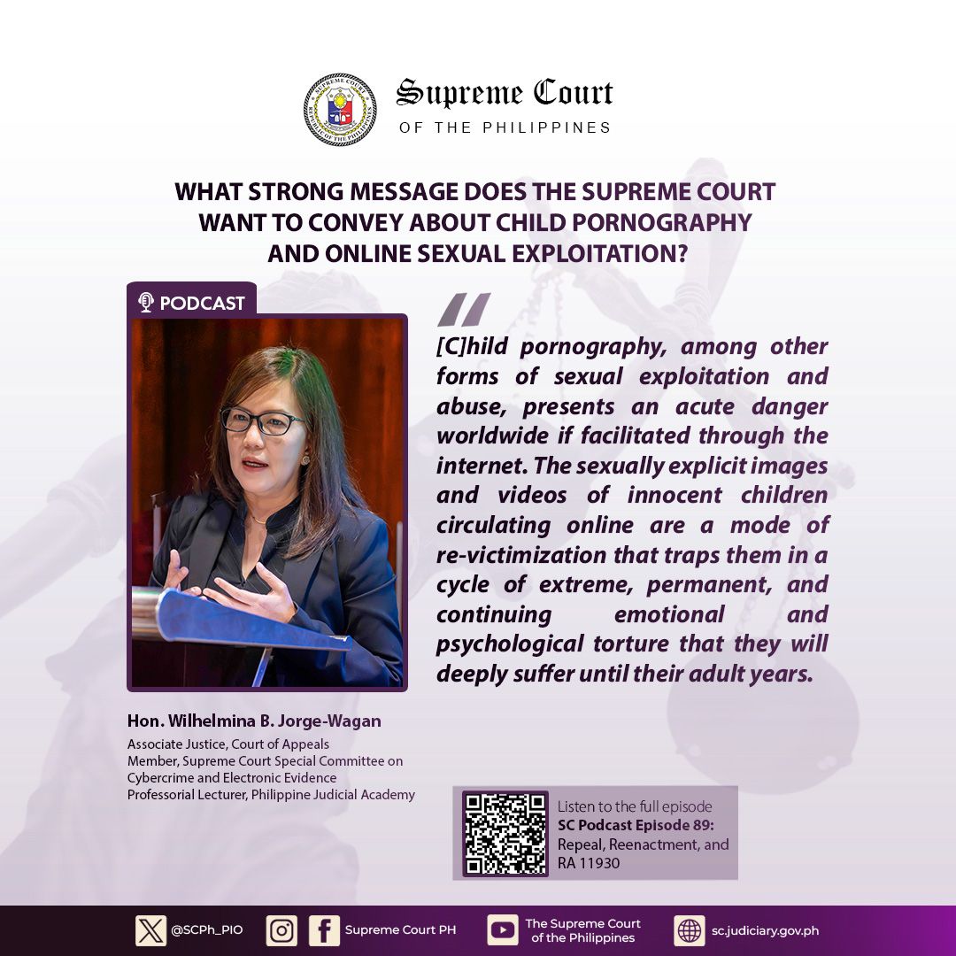 SCPh_PIO's tweet image. Court of Appeals Associate Justice Wilhelmina B. Jorge-Wagan, a member of the Supreme Court Special Committee on Cybercrime and Electronic Evidence, and a Professorial Lecturer at the Philippine Judicial Academy, discusses the repeal of RA 9775, or the Anti-Child Pornography Act…
