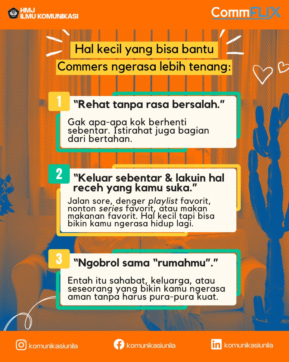 komunikasiunila's tweet image. Heyy Commers! Kadang, kita cuma butuh sesuatu yang sederhana buat bikin hari terasa sedikit lebih ringan. Bukan solusi instan, tapi cukup buat bikin napas lega sebentar 😌.

Yuk, pelan-pelan belajar tenang bareng~
#CommX #CommFLIXsolution #Communila