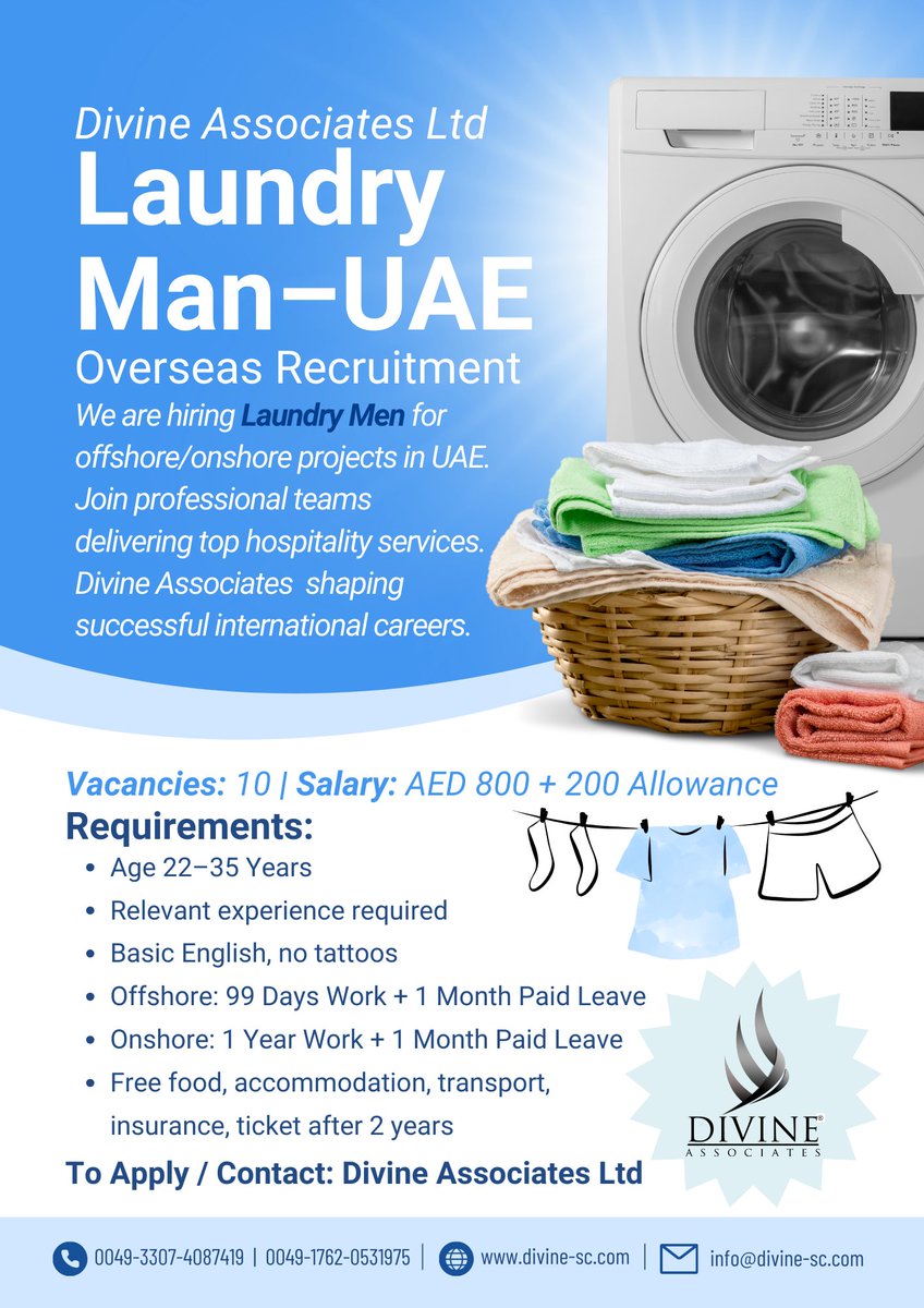 DivineAssociat's tweet image. Launch your global career as a Laundry Man in UAE with Divine Associates Ltd – full benefits &amp;amp; support included!
#DivineAssociatesLtd #UAEJobs #LaundryMan #HospitalityCareers #OverseasRecruitment