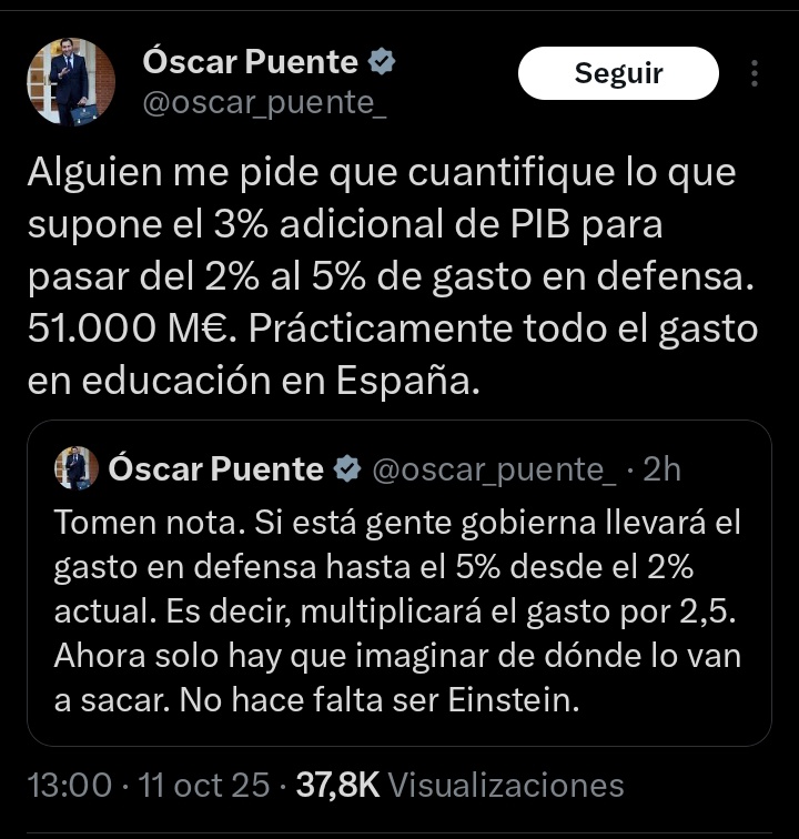 Ya que está, señor <a href="/oscar_puente_/">Óscar Puente</a>, ¿qué porcentaje del gasto público correspondería a los conciertos educativos y otras políticas de pago a lo privado de esos más de 51.000M€ con los fondos públicos?

Sé que Vd. no es ministro de educación, pero ya que detalla sobre educación…