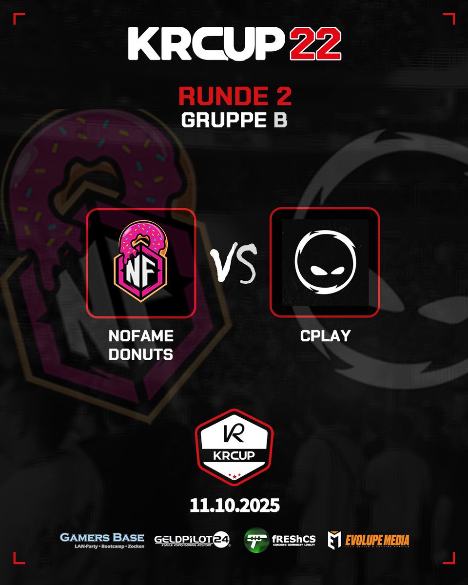 [ KRCup #22 ]

Während CPLAY ihr erstes Match gewonnen haben, mussten die Donuts sich geschlagen geben.
Somit kann CPLAY mit einem weiteren Sieg bereits das Weiterkommen sichern.

🚩 Gruppe B - Runde 2
⏰ 15:00 Uhr
🆚 <a href="/NoFameOfficial/">NoFameOfficial</a> Donuts vs <a href="/CPLAYgg/">CPLAY</a> 
📺 ttv/juxtaism
🎙️