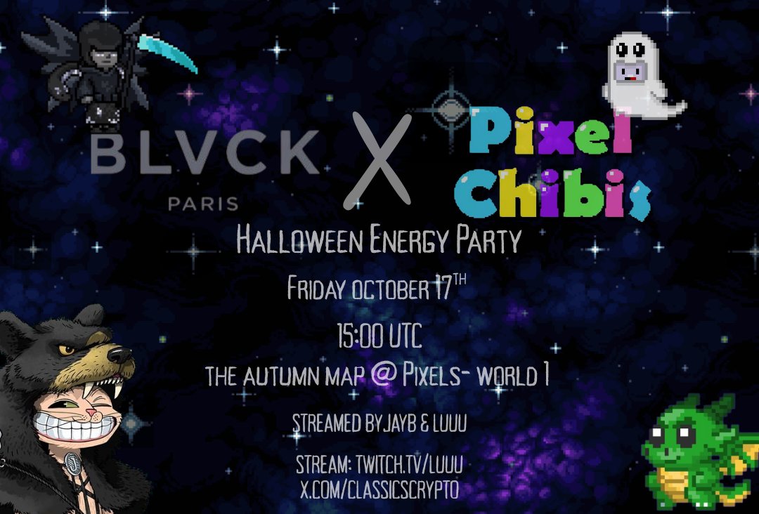 PixelChibis's tweet image. Join us with @BlvckParis for a spooktacular energy bash @pixels_online! 👻✨

Show up in your BLVCK and Pixel Chibis avatars &amp;amp; enjoy a fun event streamed by @Luuu_pixels &amp;amp; @ClassicsCrypto 

Exclusive UGCs, NFT prizes &amp;amp; good vibes guaranteed 👻

⏰October 17th at 15:00 UTC