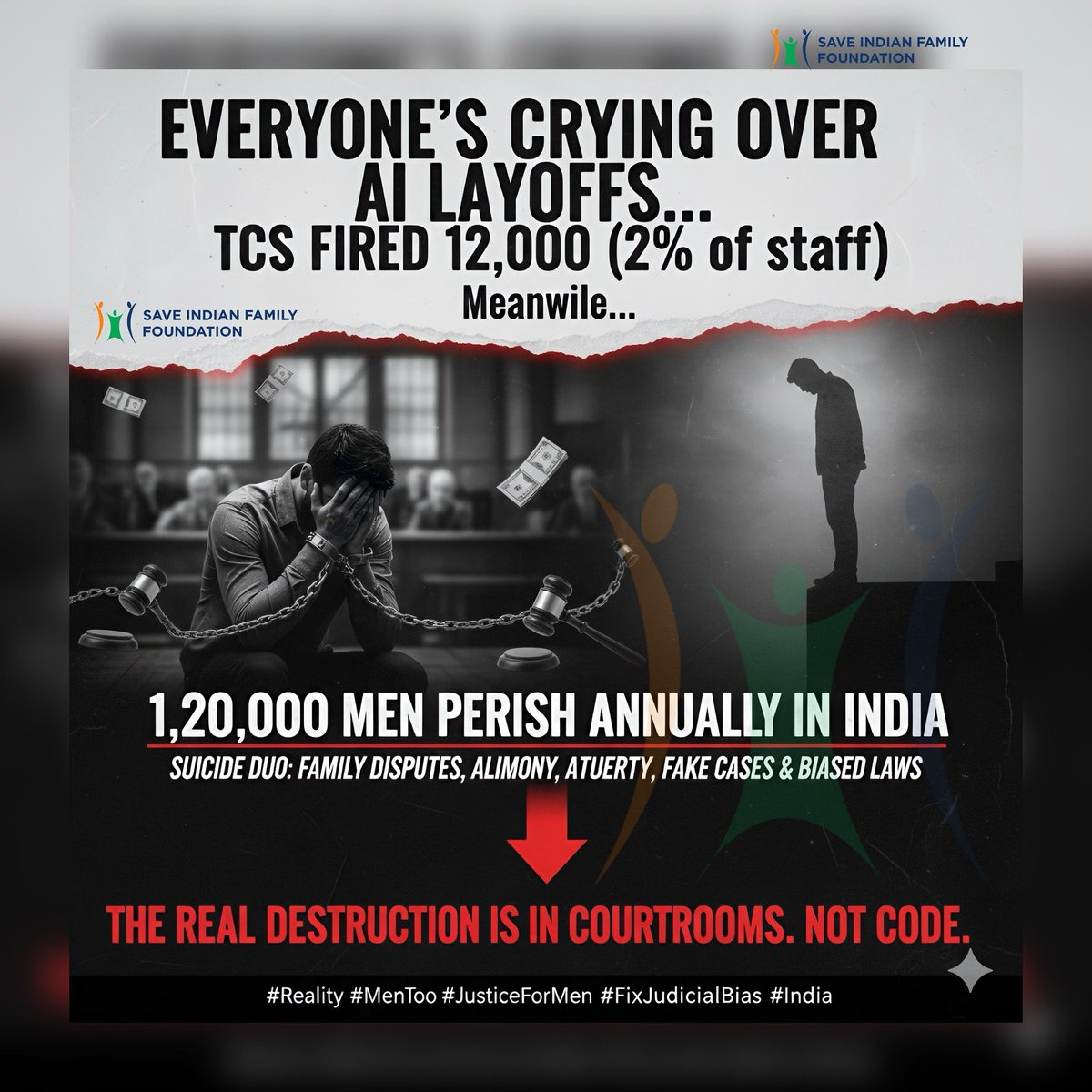 SamSiff's tweet image. 🛑 STOP TALKING ABOUT AI LAYOFFS. START TALKING ABOUT THIS. 🛑
We're all crying over 12,000 jobs lost to AI... but no one's talking about the 1,20,000+ MEN who perish by suicide annually in India. That's 10X the tragedy that gets ZERO coverage.
The media narrative is broken. The…