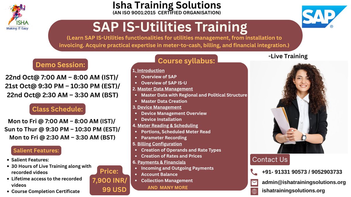 IshaKumargupta's tweet image. Isha Training Solutions presents “SAP IS-Utilities Training” – Live Training.
Free Demo On:
22nd Oct@7:00AM(IST)/21st Oct@9:30PM(EST)
you can register by joining the below Link
docs.google.com/forms/d/e/1FAI…
call/WhatsApp@+91-91331 90573/9052903733
#SAPTesting