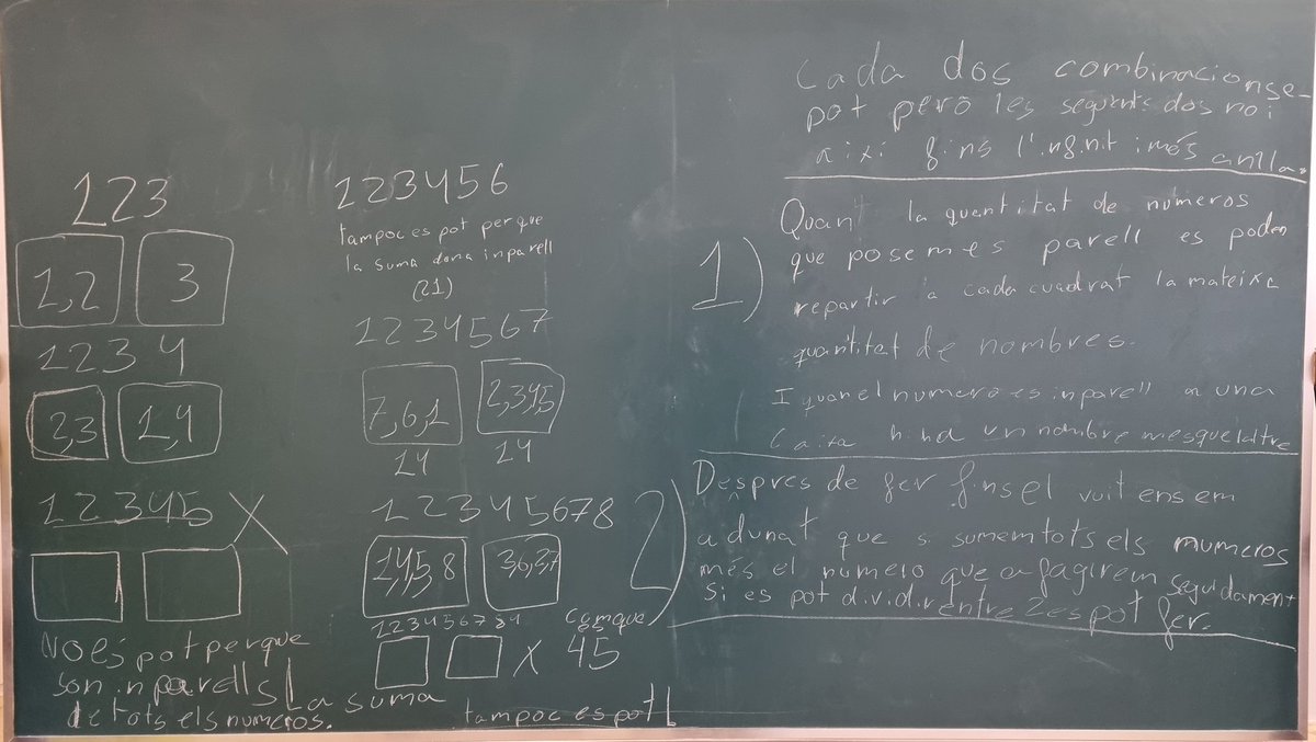 yolandam136's tweet photo. Podem repartir els nombres 1, 2 i 3 en dues caixes de tal manera que cada caixa tingui el mateix pes? I amb els nombres de l'1 al 4? I de l'1 al 5? Què passarà si cada vegada hi afegim el següent nombre consecutiu? Què hi observem? Quines extensions podem crear? #AulesPerPensar https://t.co/wTEM4QQLla