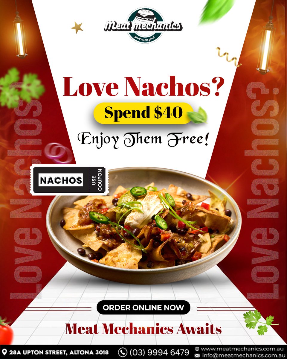 MechanicsMeat's tweet image. Craving a cheesy, crunchy treat? 🍽️ Spend $40 at Meat Mechanics and get FREE Nachos – the ultimate reward for your appetite! 
🌐meatmechanics.com.au
☎+61 477 610 101

#FreeNachos #MelbourneEats #DeliLunchCateringMelbourne #MeatMechanics #FoodieMelbourne #CateringSpecials