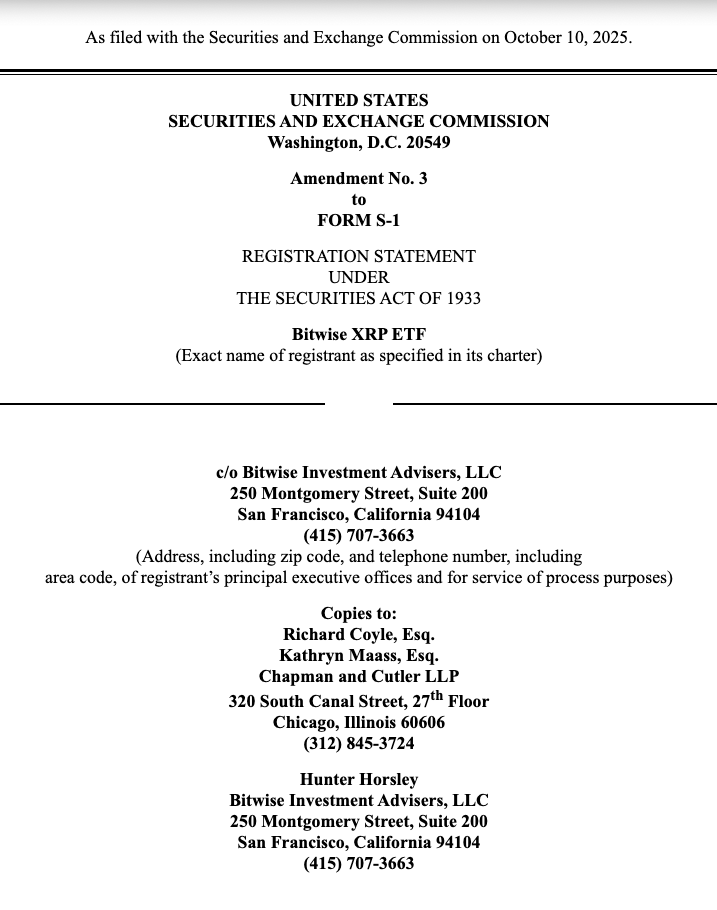 RippleXity's tweet image. 🚨 JUST IN: Bitwise has filed Amendment No. 3 for its “Bitwise $XRP ETF” with the U.S. SEC.