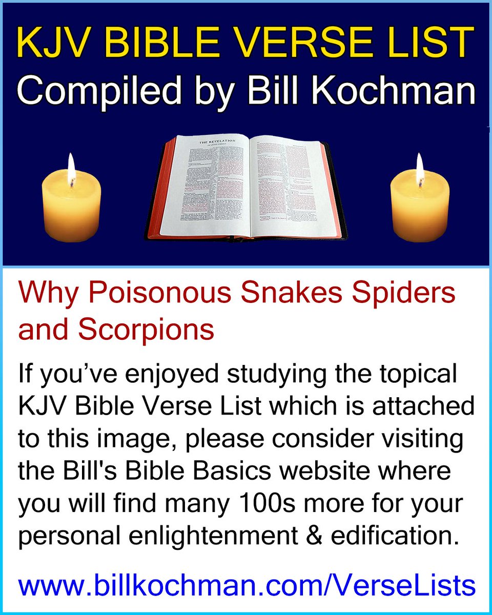 Bill_Kochman's tweet image. WHY POISONOUS SNAKES SPIDERS AND SCORPIONS -- KJV (King James Version) Bible Verse List 

#Scriptures #BibleStudy #BibleVerses #PoisonousSnakes #PoisonousVipers #Snakes #Vipers #Spiders #Scorpions #Why #Reason #Cause

&quot;And unto Adam he said, Because thou hast hearkened unto th...