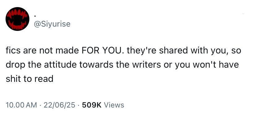 Pernah nemu twit ini dan sampai sekarang masih aku jadiin pegangan tiap baca fanfik apapun.