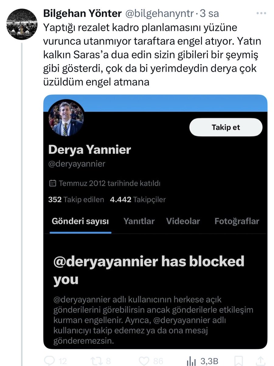 Sitede tartıştığım en cahil insan olabilir. Basketboldan bir gram anlamıyor. 2. yenilgide “rezalet kadro planlaması” diye yangın başlatıyor. Sonra da engel atıyor. Şu salakları gs’ye gönderemiyor muyuz ya