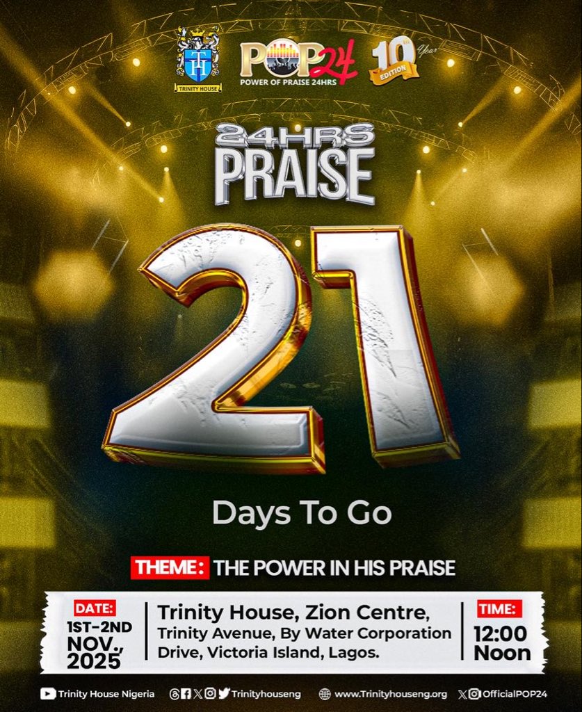 trinityhouseng's tweet photo. 21 days to go! Three weeks till the roof is raised with 24 hours of nonstop praise!
The atmosphere is building, and heaven is getting ready to meet us in praise.
#trinityhouse
#zioncentre
#believe
#pop24
#powerofpraise
#10thedition
#musicalconcert
#gospelmusic
#worship https://t.co/wieDPaH9yr