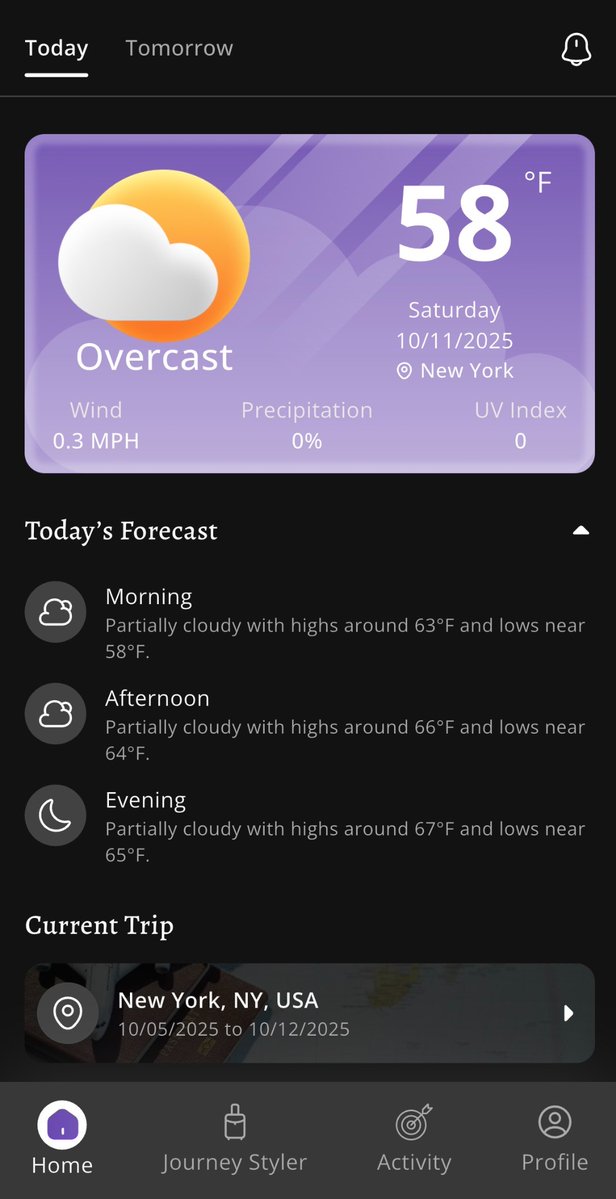 ClimaPalAI's tweet image. 58°F and overcast in NYC ☁️
Instead of guessing what to wear, ClimaPal builds your outfit for the day — weather-smart, travel-ready, and personal to you.
Pack smarter. Dress better. Stress less.
#WeatherApp #AIStylist #TravelSmart #OutfitPlanner #ClimaPal