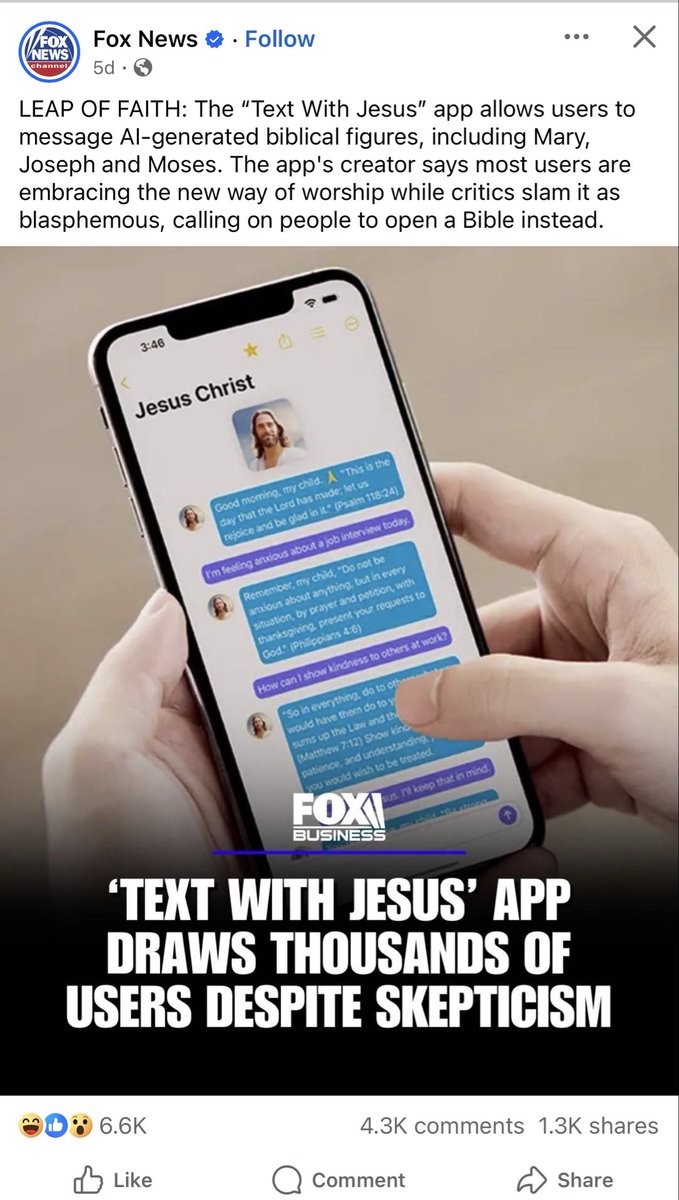 This is frightening, and would argue that this is more the antichrist than anything else. 

People turning to AI because it eludes some sort of dopamine response getting to chat with “biblical figures” is all sorts of spiritually distracting. 

App creators call it worship.