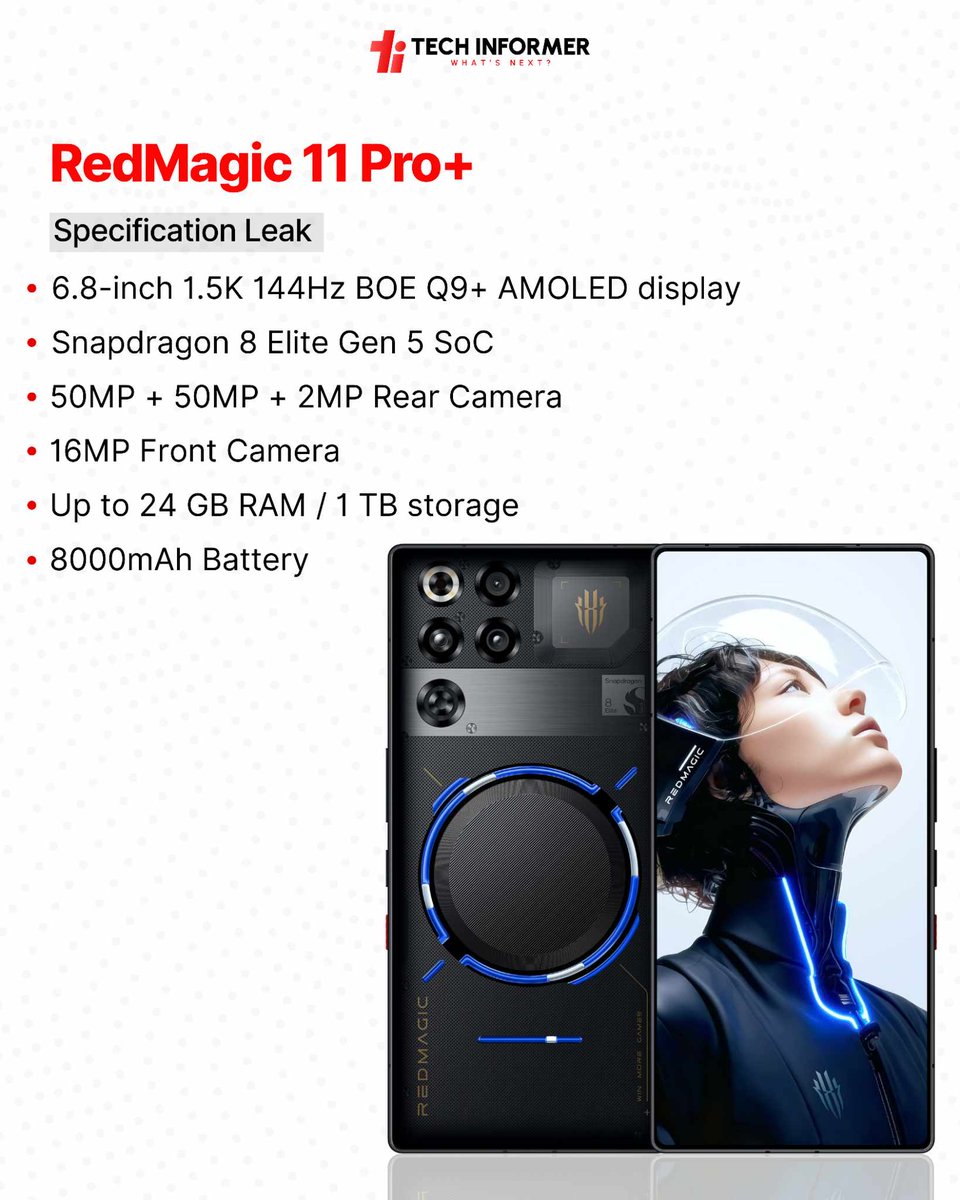 Tech_Informer_'s tweet image. According to a post by the company on Weibo, the Red Magic 11 Pro series will launch in China on October 17 at 2:30 pm local time (12 pm IST).
#Techinformer #RedMagic11Pro #RedMagic