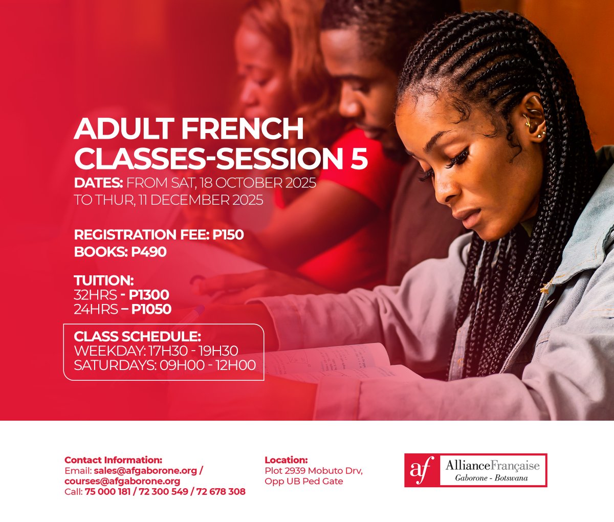 📣 REMINDER: Session 5 Registration is OPEN!
Our final session of 2025 kicks off on 18th October – don’t miss the chance to wrap up the year with a new skill! 

Ready to register?
Call 395 16 50 or WhatsApp 75 000 181 

#LearnFrench #LearnSetswana  #RegisterNow  #Botswana