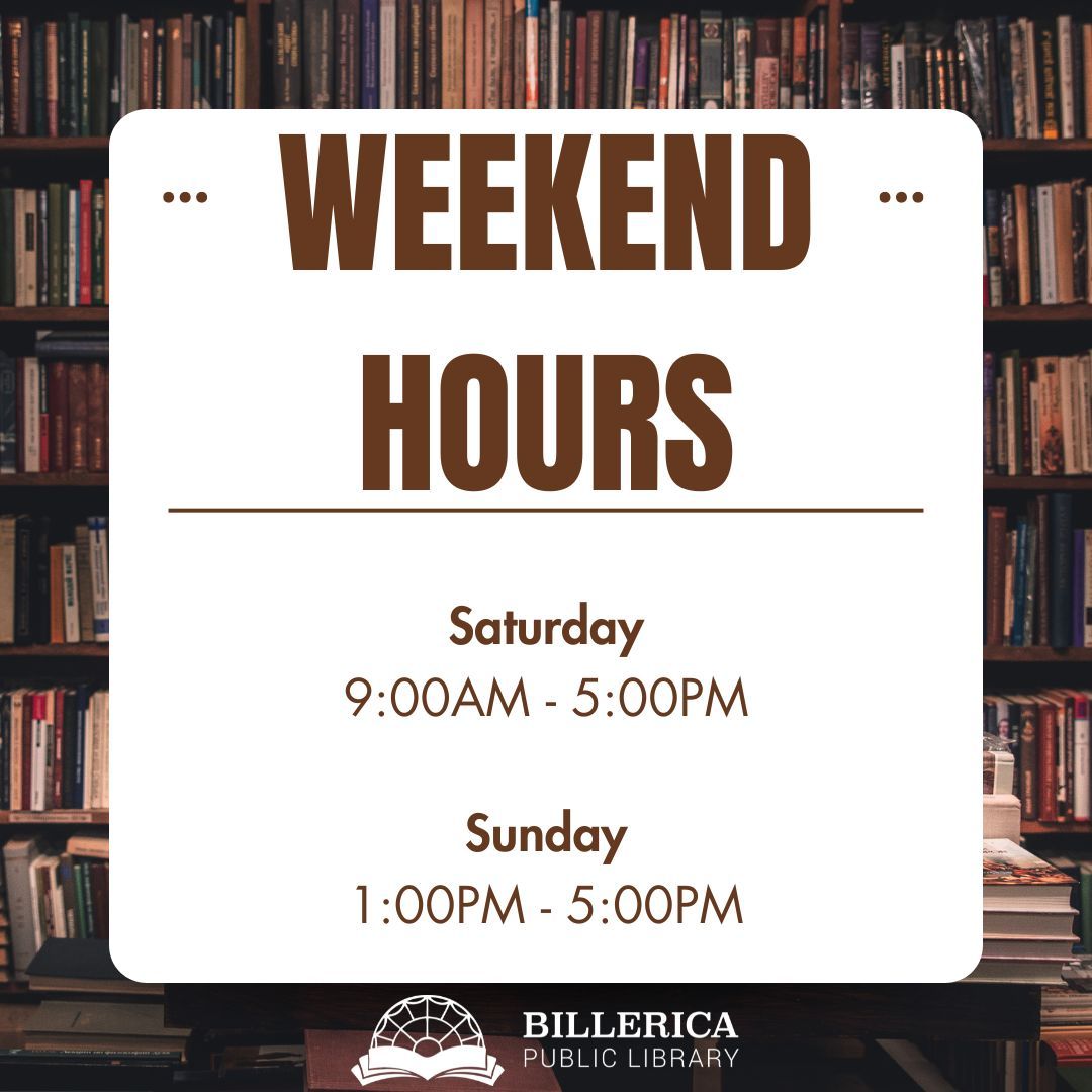 Billerica_Lib's tweet image. 📚✨ The library is open this weekend! Join us Saturday 9am-5pm and Sunday 1pm-5pm for fun and to stock up on items. We’ll be closed on Monday, October 13th. See you soon! #LibraryHours #WeekendReads