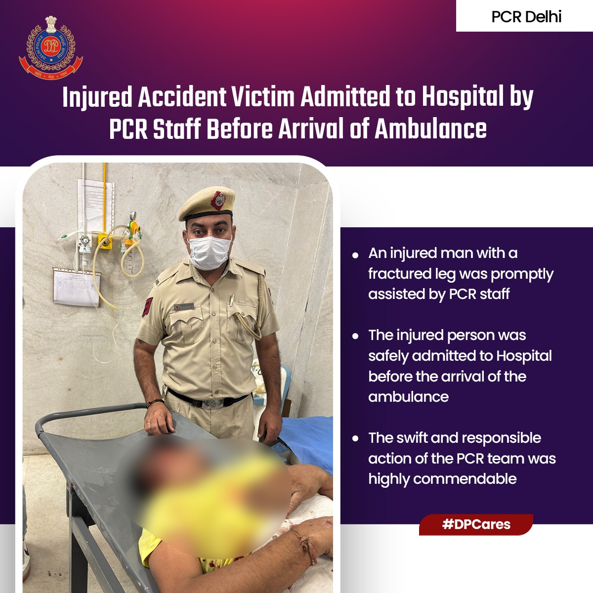 DCPPCRDELHI's tweet image. #PCR staff of #Outer #North #Zone, rescued an victim of road traffic accident  in  #Narela area and shifted to SRHC hospital even before the arrival of ambulance. Showcasing alertness and dedication to duty.
#DSCares
#DPUpdates
#PCRUpdates
@DelhiPolice 
@CPDelhi