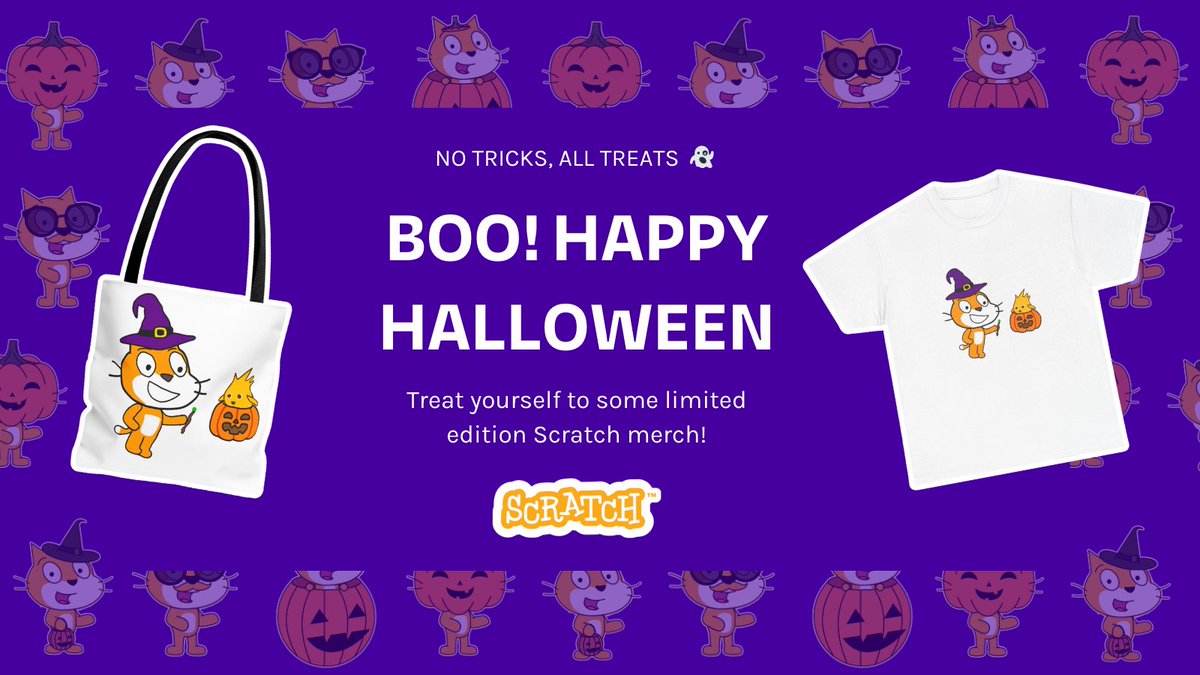 scratch's tweet image. Boooo! Our Halloween merch collection is about to disappear for the season. Get your treats today before it's too late! 👻🎃 shop.scratchfoundation.org/collections/ha…