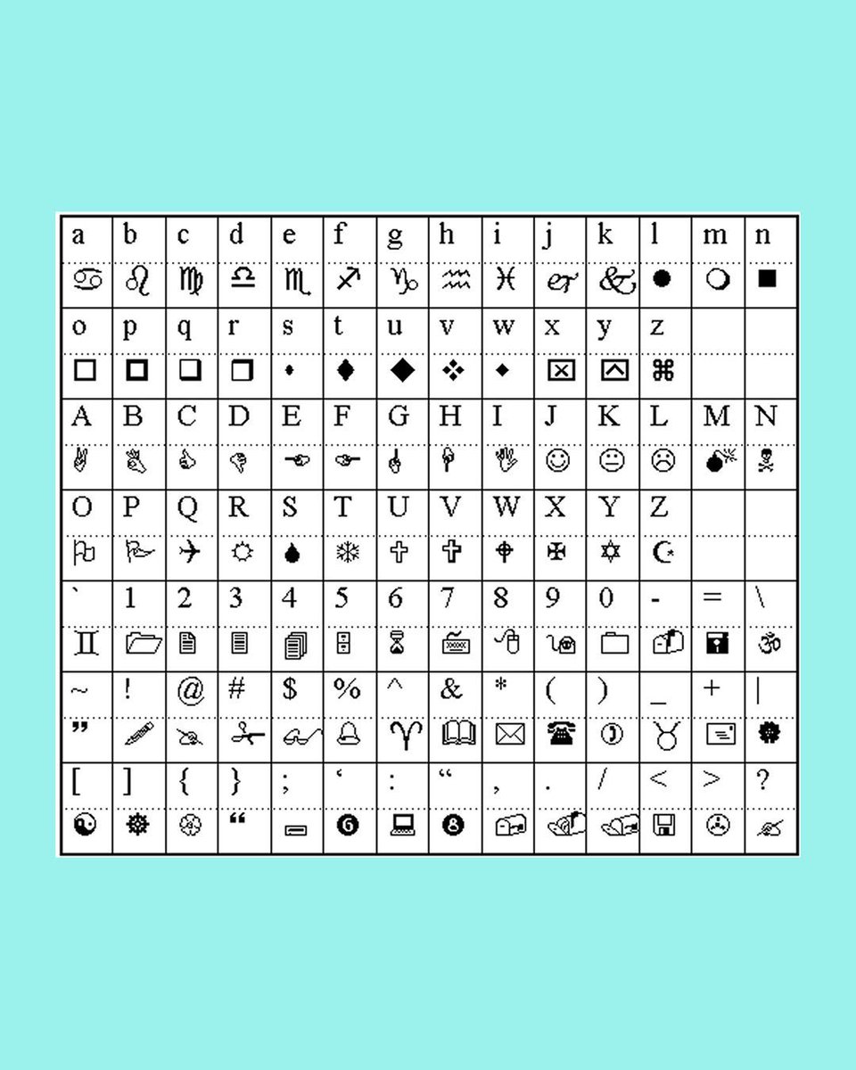 Wingdings conversion chart, designed by Charles Bigelow and Kris Holmes.

archived by UFxDesign
@ufdesigners
@dr__dori

“These typefaces, featuring only decorative characters, have become their own form of visual communication.”

#PeoplesGDArchive
#GDArchive