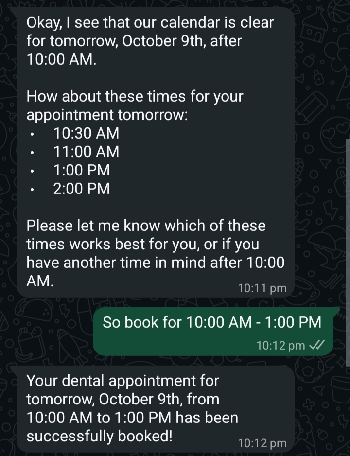 Daksh_Lohchab's tweet image. Just built an AI dental receptionist! 🦷🤖
It uses WhatsApp & Google Calendar to find open slots and book appointments automatically.
Check out the workflow and a demo convo below! 👇
#AI #Automation #Chatbot #GoogleGemini #DentalTech #NoCode