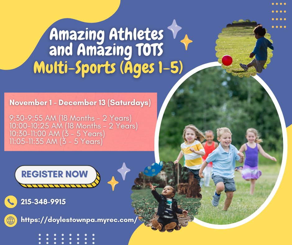 🏃‍♂️⚽ Get your little ones moving with Amazing Athletes &amp; Amazing TOTS! Designed for ages 1–5, this multi-sport program builds motor skills, coordination, and confidence — all while having FUN! 🎉

👉 Learn more &amp; register here: doylestownpa.myrec.com/info/activitie…
