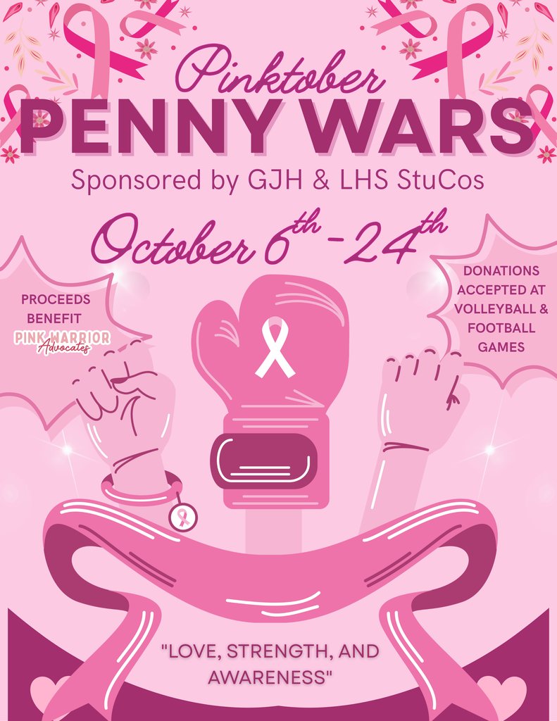 LulingISD's tweet image. From October 6–24, GJH &amp;amp; LHS Student Councils are hosting Penny Wars to raise money for Pink Warrior Advocates. Every coin makes a difference in the fight against breast cancer.

Let’s show our Eagle Pride and come together for this important cause! 🦅💗