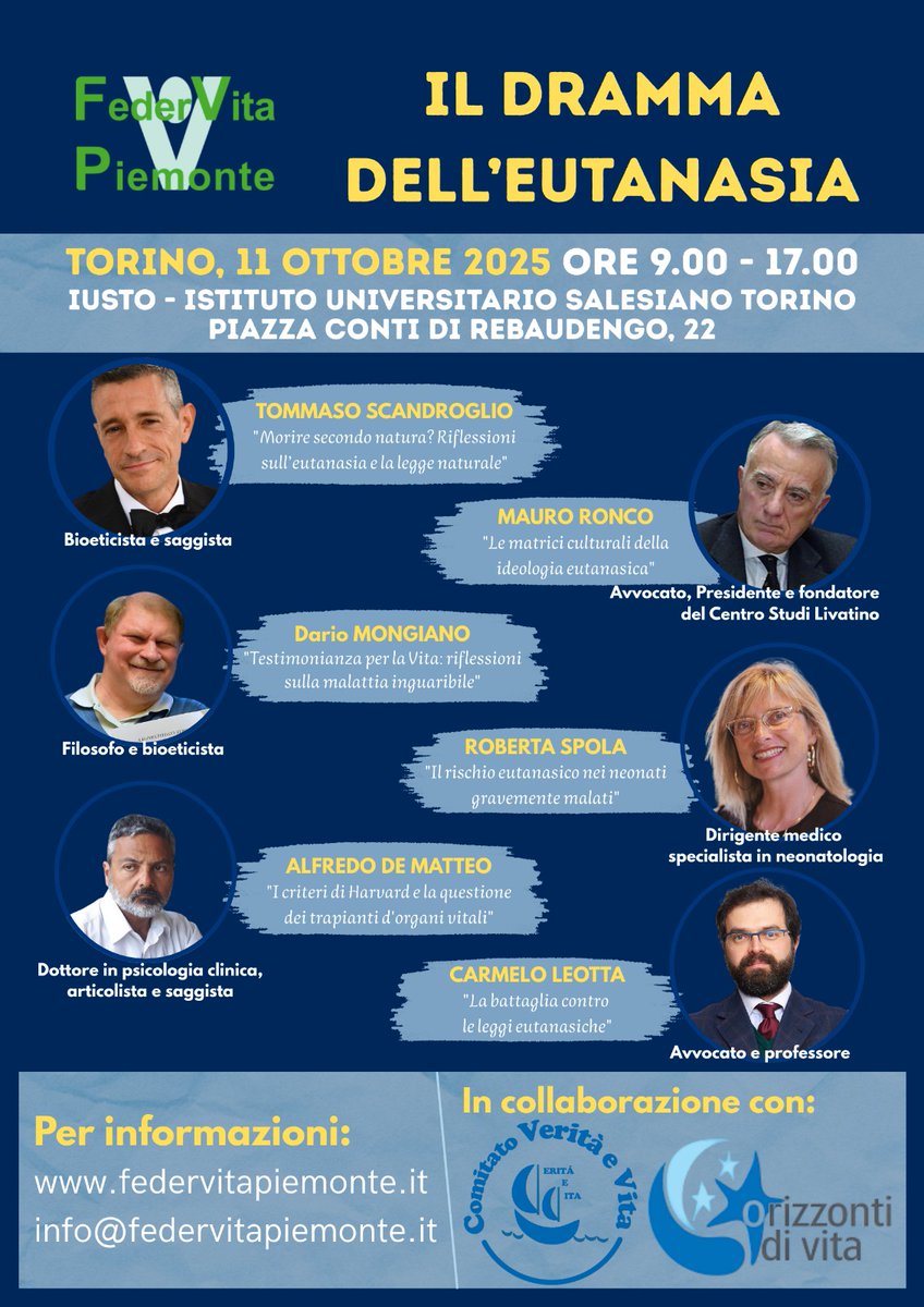 "Il dramma dell’#EUTANASIA"

A #Torino sabato #11ottobre 2025 dalle 9 alle 17 tutti invitati al prezioso CONVEGNO annuale promosso da FederVita #Piemonte (con Comitato #Verità e #Vita e Orizzonti di Vita) all'Istituto Universitario Salesiano IUSTO (Piazza Conti di Rebaudengo 22).