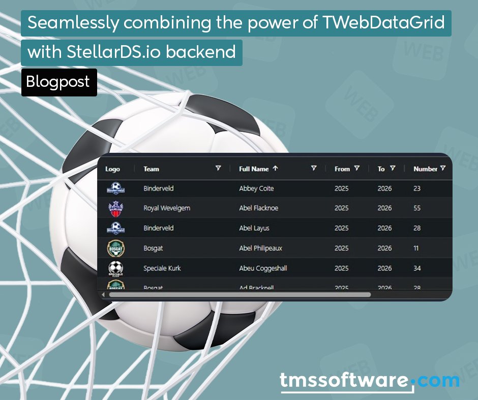 TMSsoftwareNews's tweet image. Effortlessly combine TWebDataGrid with StellarDS.io for huge football ⚽ datasets: blazing fast infinite scroll, filtering & sorting in a modern TMS WEB Core SPA. Build in Delphi, deploy anywhere!
🔗tmssoftware.com/site/blog.asp?…