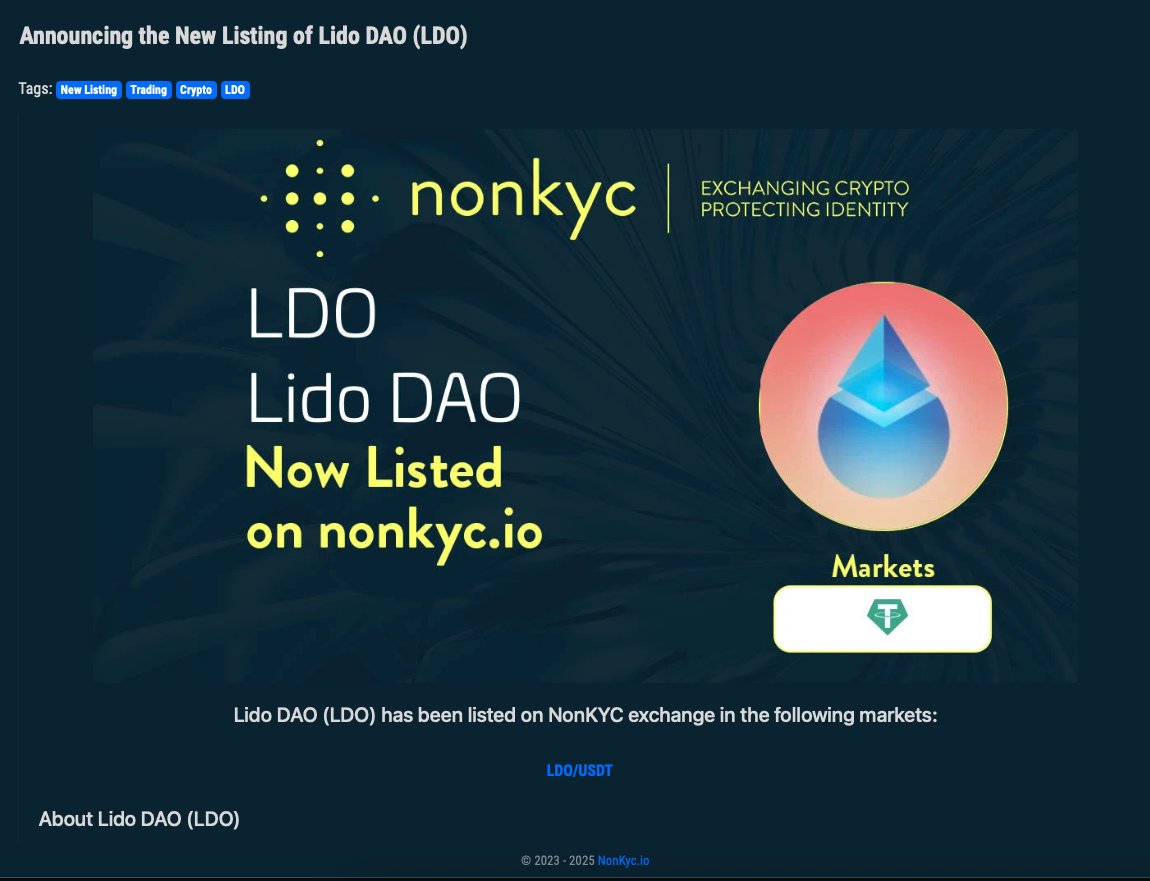 🚨 New Listing Alert 🚨
LidoDAO #LDO $LDO is now live on NonKyc.io Exchange!
💸 Deposit, Withdraw &amp; Trading are OPEN!
Pair: 👉 nonkyc.io/market/LDO_USDT
Pool: 👉 nonkyc.io/pool/LDO_USDT
❗ No Minimum Deposit ❗
🔍 Proof of Reserve: 👉 nonkyc.io/asset/LDO
🔗 Learn