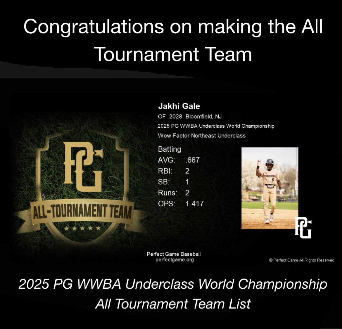 JakGale__'s tweet image. Competed in the @PerfectGameUSA WWBA Underclass World Championship Tournament, honored to be selected to the All Tournament Team for my offense performance! #co2028 #uncommitted