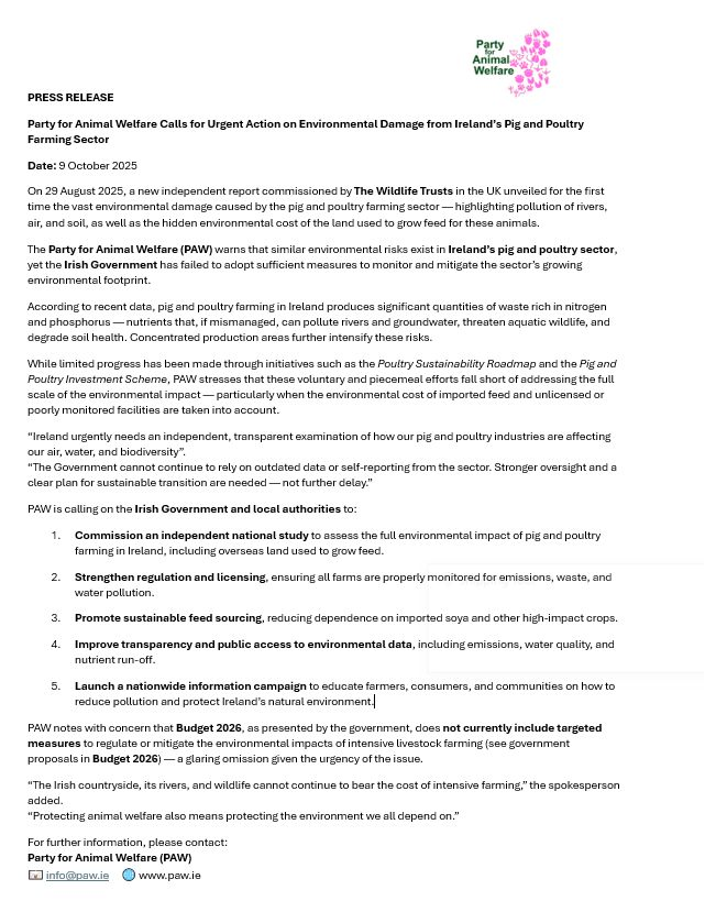 AnimalPartyIE's tweet photo. #PRESSRELEASE: 🐾 "Party for Animal Welfare Calls for Urgent Action on Environmental Damage from Ireland’s 🐷Pig and 🐔Poultry Farming Sector" !
#environmentaleffectsfarming
#climatechangefarming
#goplantbased #PlantBasedForAnimals
#EthicalFarming #Budget2026
#aras25 #aras2025 https://t.co/nds7jpnOSv