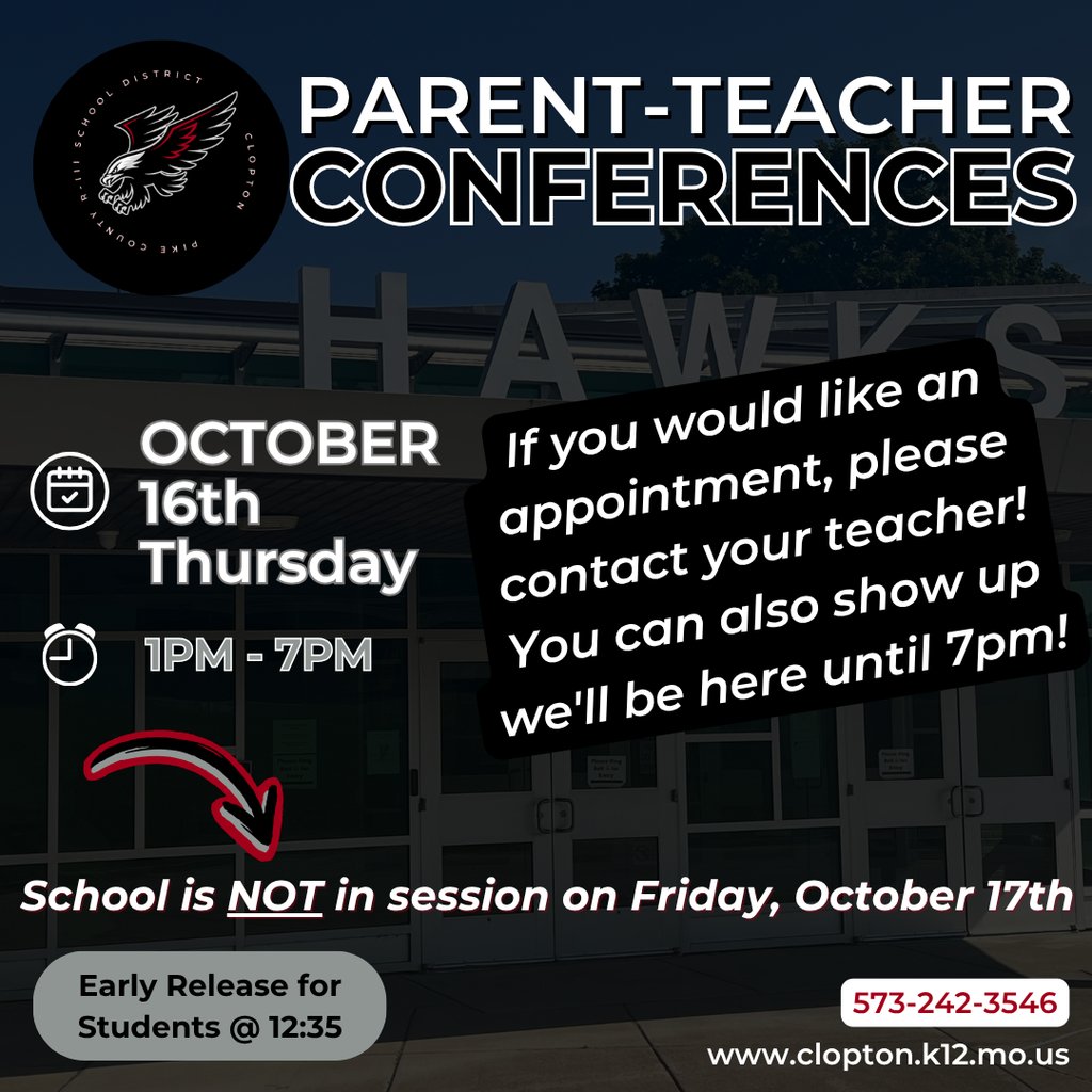 Parent-Teacher Conferences will be next Thursday, from 1p-7p (early release Thursday at 12:35p).

Reminder, we are IN SESSION on Monday, October 13th and there is NO school on Friday, October 18th!