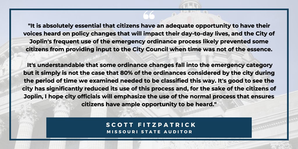 Auditor_Fitz's tweet image. A new audit report released today by Auditor Fitzpatrick details how the City of Joplin misused a process to approve city ordinances that limited opportunities for input from the public. The report, which gives the city a "fair" rating, also highlights the need for the city to…