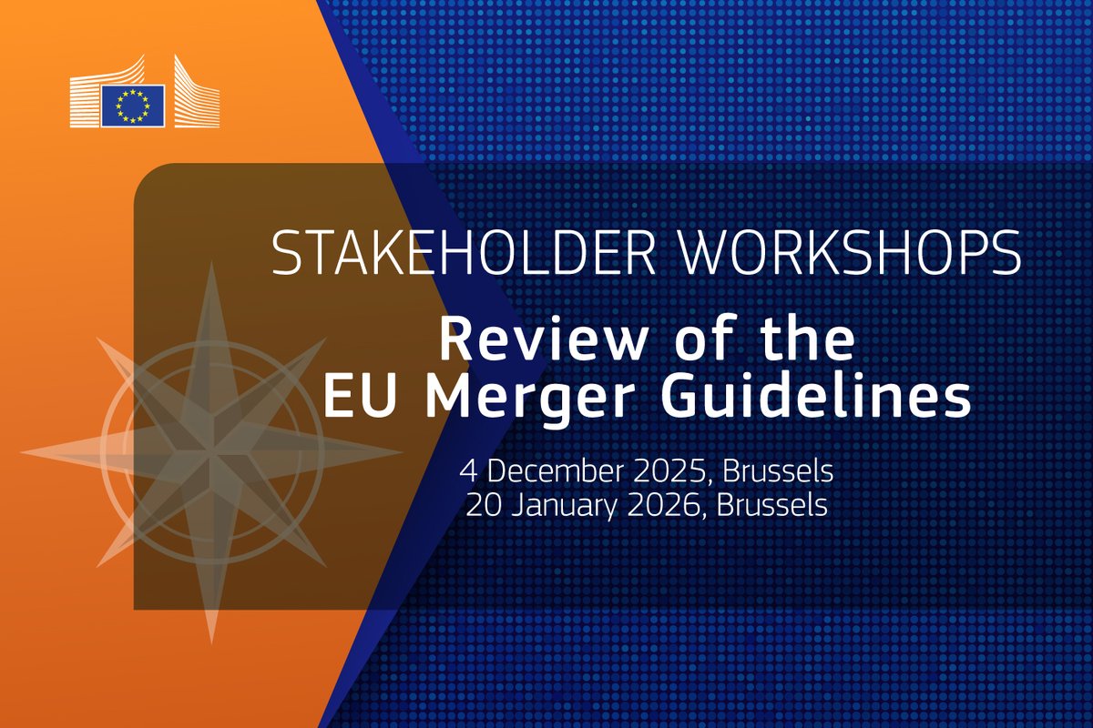 🟠DG Competition is organising 2⃣ stakeholder workshops as part of the Review of the EU Merger Guidelines.

We will close registrations when we reach full capacity for each event✍️

To participate and for more info ⬇️
🔗link.europa.eu/mwBCB7
