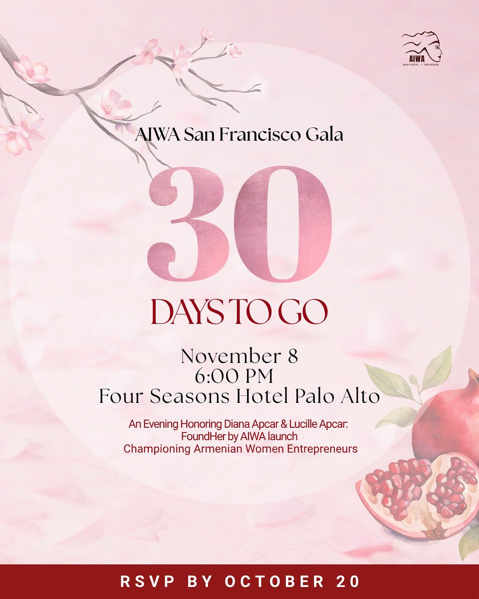 AIWAconnects's tweet photo. ✨ 30 Days to Go ✨ Seats are filling fast for AIWA’s Gala honoring Diana &amp; Lucille Apcar and launching FoundHer—supporting Armenian women with funding, mentorship, and guidance. RSVP now!

📆 Nov 8 | 📍 Four Seasons Palo Alto
🔗 https://t.co/xyezPGYfJ5

#AIWA #AIWAGala2025 https://t.co/2mbaXz6wec