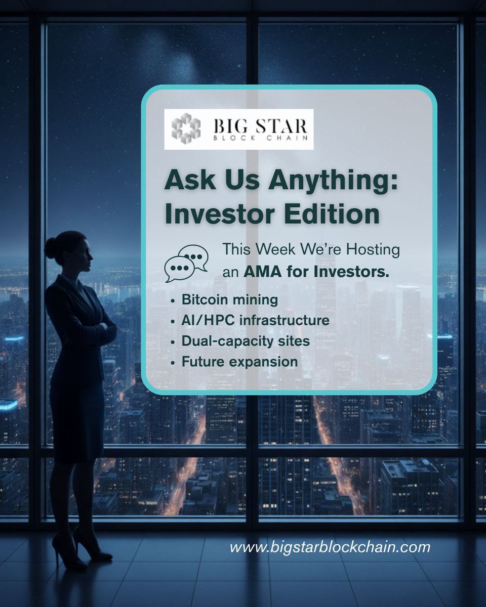 🎤Get direct answers on how Big Star Blockchain is building for resilience and returns. 

Your chance to get your questions answered live!
Drop your questions below now! 👇 👉 Sign Up to receive updates on the upcoming Investor Webinar via: bigstarblockchain.com

#InvestorAMA🗓️