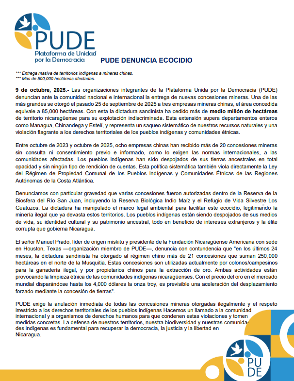🌎PUDE denuncia ecocidio en #Nicaragua
🚨 La dictadura sandinista entregó más de 500,000 hectáreas de territorios indígenas a mineras chinas.
🔥 Destrucción, despojo y silencio.
✊ Exigimos anular las concesiones y defender la vida y la tierra.