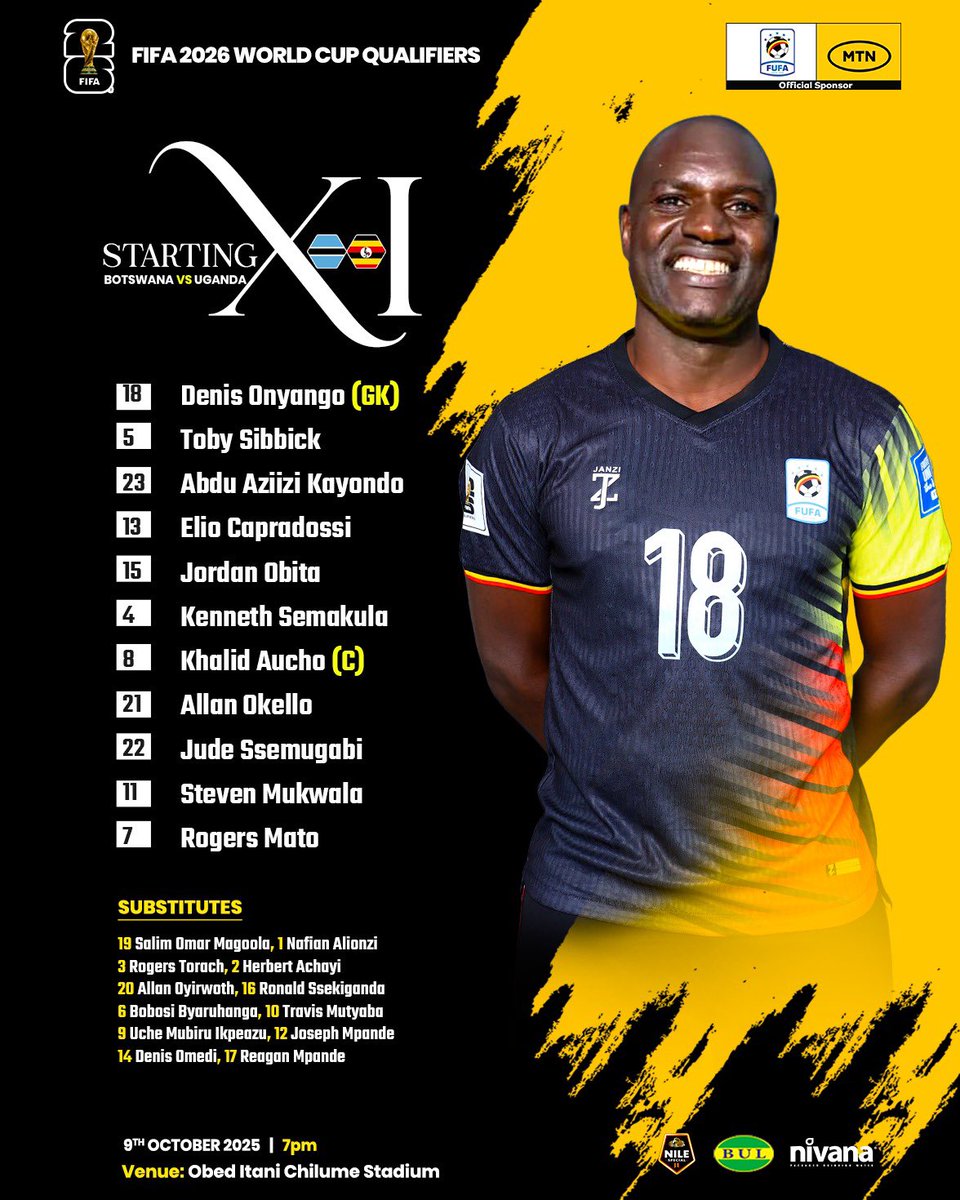 OfficialFUFA's tweet photo. .@UgandaCranes starting XI against Botswana 🗞️

Kick off — 7:00 PM (EAT)
Live on FUFA Tv

#BOTUGA | #FIFAWorldCup https://t.co/4YHnBkmQKy